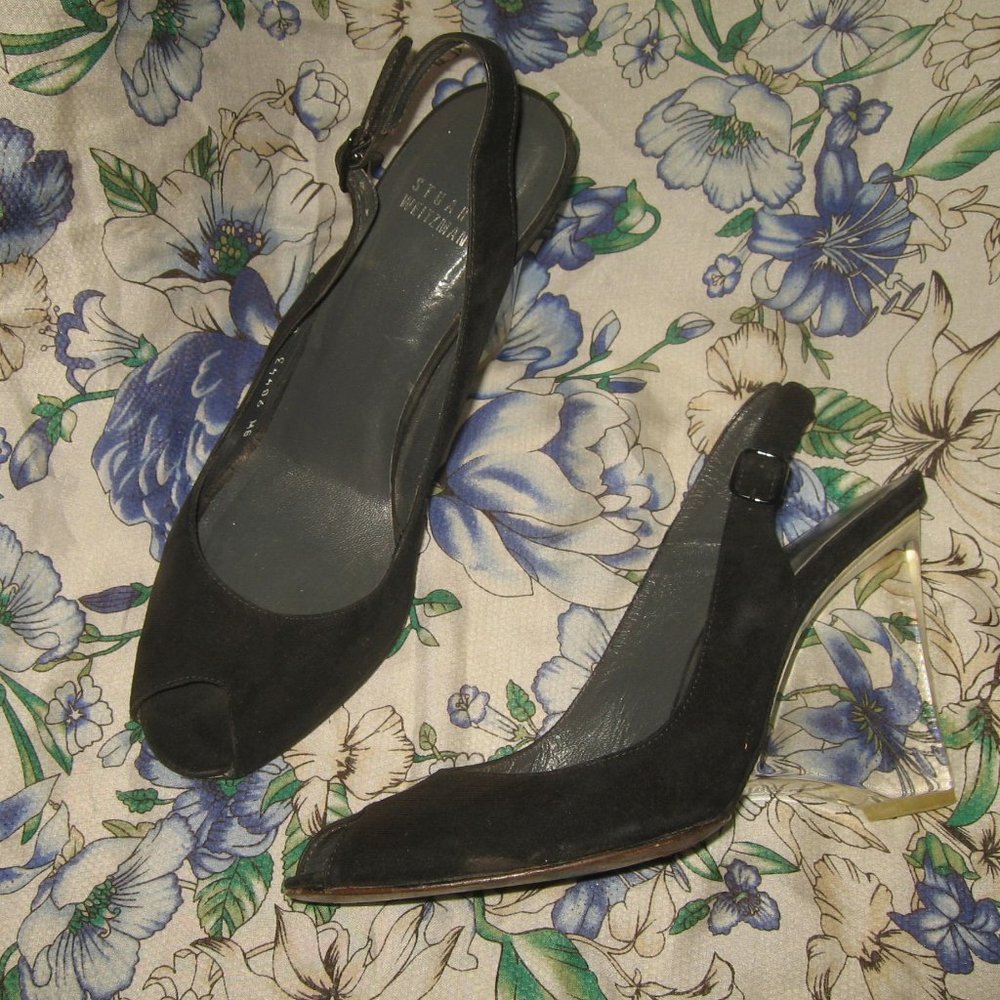 ❤️Amazing STUART WEITZMAN LUCITE Suede Wedge Peep Toe Slingback SHOES SZ 8 1/2